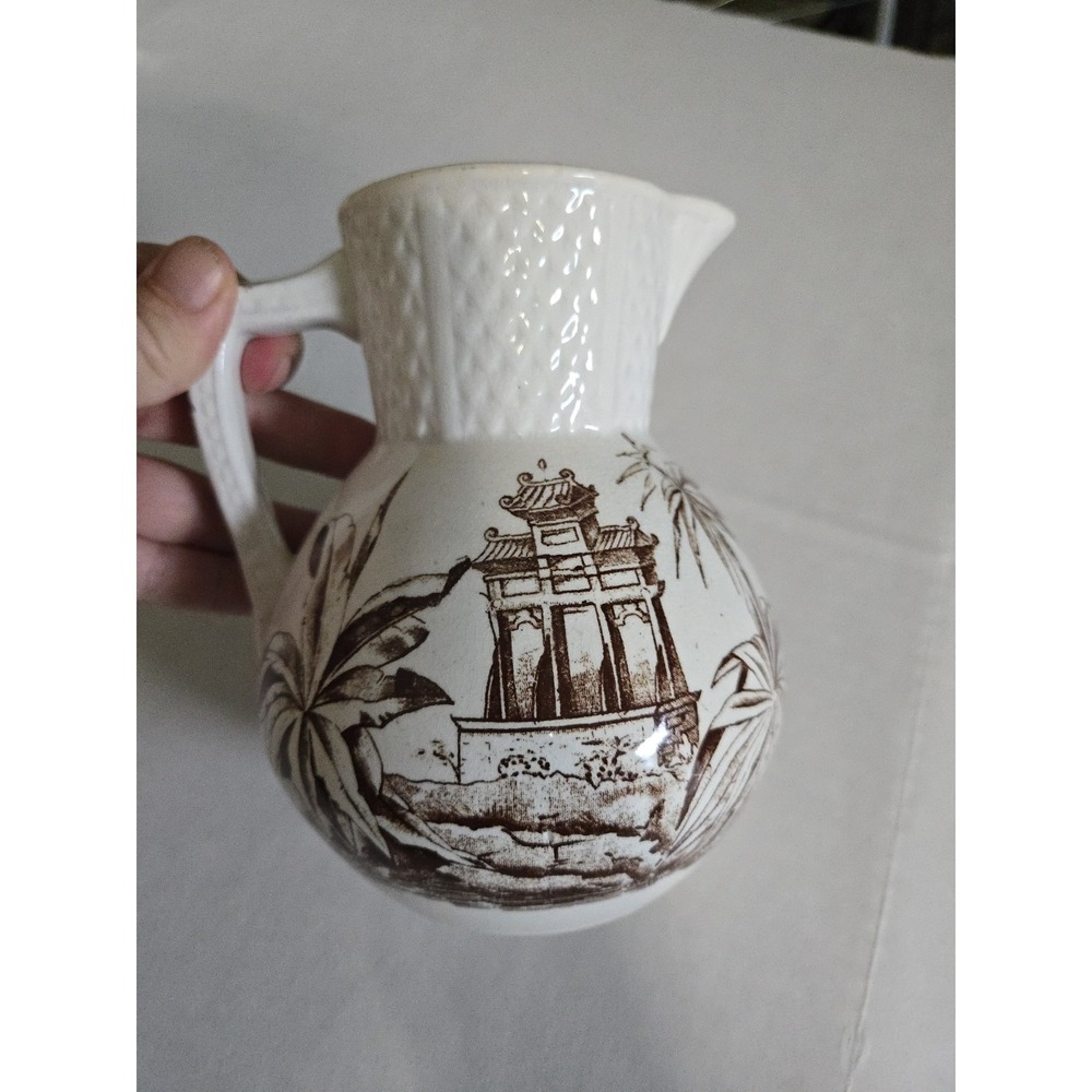 Antique Transfer Ware Ironstone Pitcher Brown White Vtg Pagoda Palms Lrg Bird VG